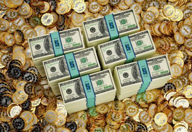 100 dolarlık banknotlar ve altın Bitcoins destesi - 3d render
