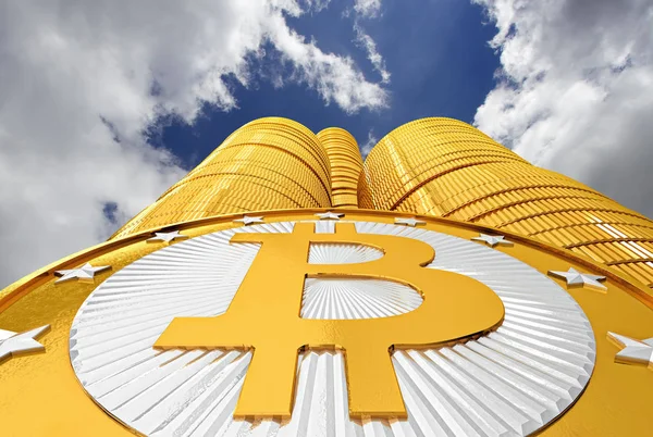 Bitcoin Arranha Céu Olhando Para Cima Uma Pilha Gigante Bitcoins — Fotografia de Stock