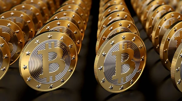 Wiersze Złote Bitcoinów Czarnym Odblaskowe Underground Renderowania — Zdjęcie stockowe