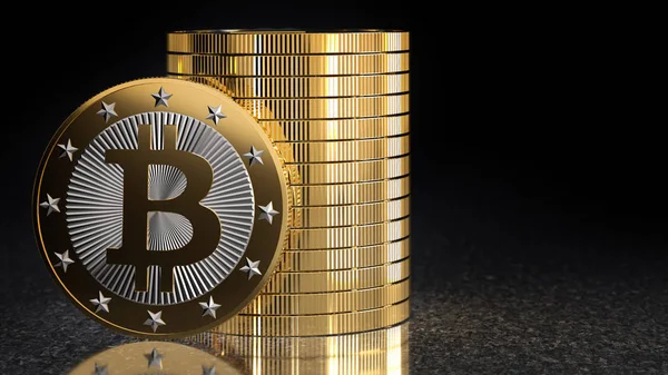 Bitcoin Dourado Fundo Escuro Renderização — Fotografia de Stock