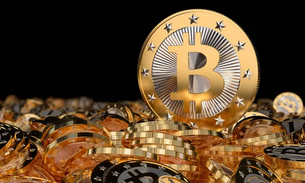 Pilhas Bitcoins Dourados Renderização — Fotografia de Stock