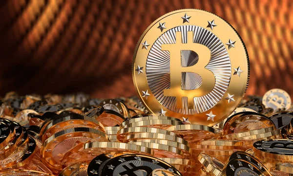Stosy Złotych Bitcoinów Renderowania — Zdjęcie stockowe