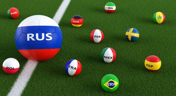 Μεγάλη Μπάλα Ποδοσφαίρου Στο Ρωσιών Περιβάλλεται Από Μικρότερες Μπάλες Ποδοσφαίρου — Φωτογραφία Αρχείου