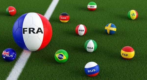 Big Soccer ball in France national colors surrounded by smaller soccer balls in other national colors. 3D Rendering