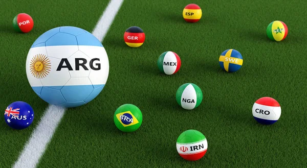 Big Soccer Ball Argentinas Couleurs Nationales Entourées Petits Ballons Football — Photo