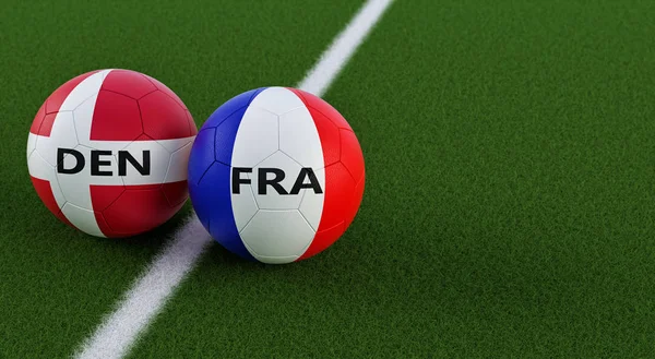 Denmark vs. France Soccer Match - Soccer balls in Denmarks and France national colors on a soccer field. Copy space on the right side - 3D Rendering