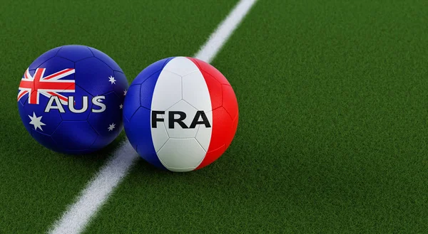 France vs. Australia Soccer Match - Soccer balls in France and Australian national colors on a soccer field. Copy space on the right side - 3D Rendering