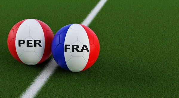 Peru vs. France Soccer Match - Soccer balls in France and Peru national colors on a soccer field. Copy space on the right side - 3D Rendering