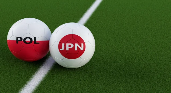 Japan vs. Poland Soccer Match - Soccer balls in Japans and Polands national colors on a soccer field. Copy space on the right side - 3D Rendering