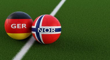 Almanya vs Norveç futbol maç - futbol topları bir futbol sahası üzerinde ulusal renklerde Almanya ve Norveç. Alanı sağ tarafındaki Kopyala - 3d render 