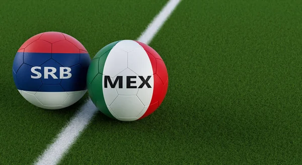 Serbia vs. Mexico Soccer Match - Soccer balls in Serbian and Mexican national colors on a soccer field. Copy space on the right side - 3D Rendering