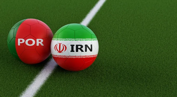 Portugal vs. Iran Soccer Match - Soccer balls in Portugal and Iran national colors on a soccer field. Copy space on the right side - 3D Rendering