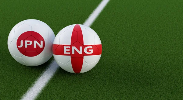 Japan vs. England Soccer Match - Soccer balls in Japan and England national colors on a soccer field. Copy space on the right side - 3D Rendering