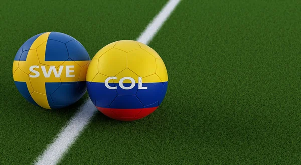 Colombia vs. Sweden Soccer Match - Soccer balls in Sweden and Colombia national colors on a soccer field. Copy space on the right side - 3D Rendering