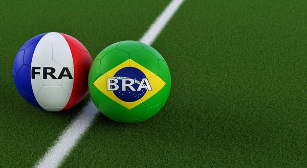 Brazil vs. France Soccer Match - Soccer balls in Brazil and France national colors on a soccer field. Copy space on the right side - 3D Rendering