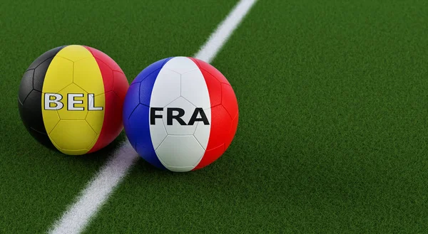 Belgium vs. France Soccer Match - Soccer balls in Belgium and France national colors on a soccer field. Copy space on the right side - 3D rendering