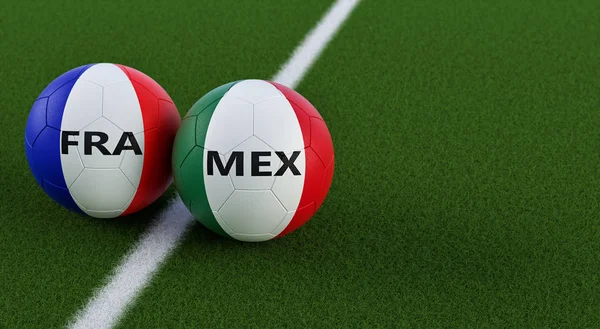 Mexico vs. France Soccer Match - Soccer balls in Mexico and France national colors on a soccer field. Copy space on the right side - 3D Rendering