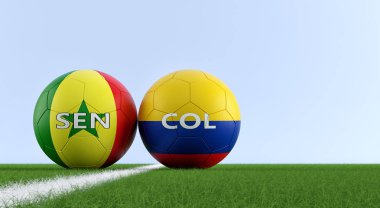 Kolombiya vs Senegal futbol maç - futbol topları bir futbol sahası üzerinde ulusal renklerde Senegals ve Colombias. Alanı sağ tarafındaki Kopyala - 3d render 