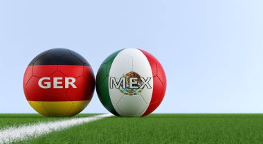 Almanya vs Meksika futbol maç - futbol topları bir futbol sahası üzerinde ulusal renklerde Almanya'nın ve Mexicos. Alanı sağ tarafındaki Kopyala - 3d render 