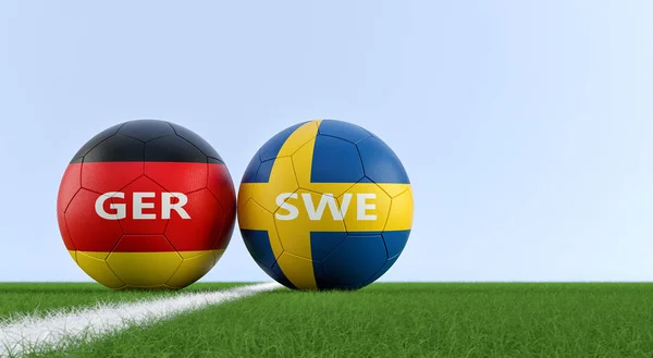 Germany vs. Sweden Soccer Match - Soccer balls in German and Swedens national colors on a soccer field. Copy space on the right side - 3D Rendering