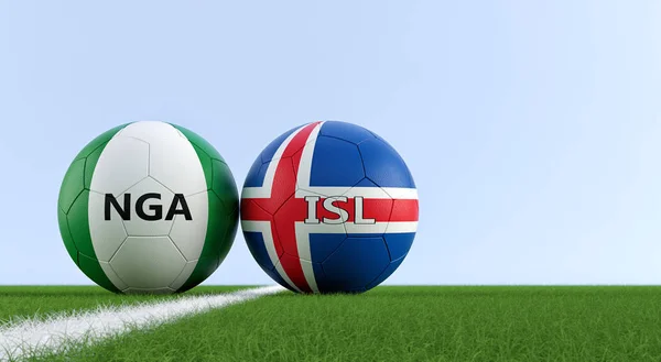 Nigera vs. Iceland Soccer Match - Soccer balls in Nigeria and Iceland national colors on a soccer field. Copy space on the right side - 3D Rendering