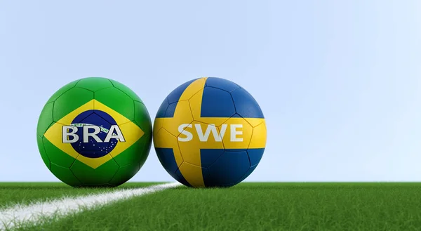 Brazil vs. Sweden Soccer Match - Soccer balls in Brazils and Swedens national colors on a soccer field. Copy space on the right side - 3D Rendering