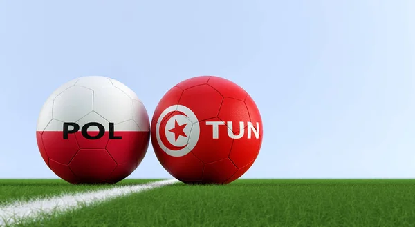 Poland vs. Tunisia Soccer Match - Soccer balls in Poland and Tunisia national colors on a soccer field. Copy space on the right side - 3D Rendering
