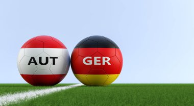 Avusturya vs Almanya futbol maç - futbol topları bir futbol sahası üzerinde ulusal renklerde Avusturya ve Alman. Alanı sağ tarafındaki Kopyala - 3d render 