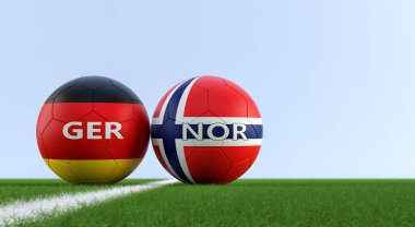 Almanya vs Norveç futbol maç - futbol topları bir futbol sahası üzerinde ulusal renklerde Almanya ve Norveç. Alanı sağ tarafındaki Kopyala - 3d render