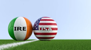 İrlanda vs ABD futbol maç - futbol topları bir futbol sahası üzerinde ulusal renklerde İrlanda ve ABD. Alanı sağ tarafındaki Kopyala - 3d render 