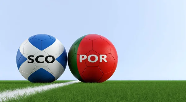 Scotland vs. Portugal Soccer Match - Soccer balls in Scotland and Portugal national colors on a soccer field. Copy space on the right side - 3D Rendering