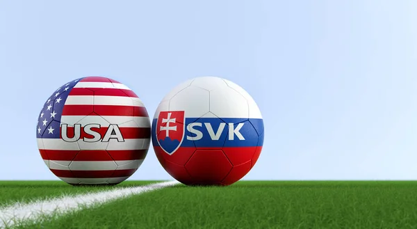 Slovakia vs. USA Soccer Match - Soccer balls in Slovakia and USA national colors on a soccer field. Copy space on the right side - 3D Rendering