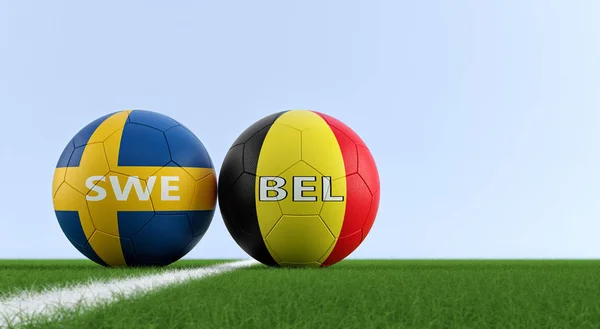 Belgium vs. Sweden Soccer Match - Soccer balls in Belgium and Sweden national colors on a soccer field. Copy space on the right side - 3D rendering