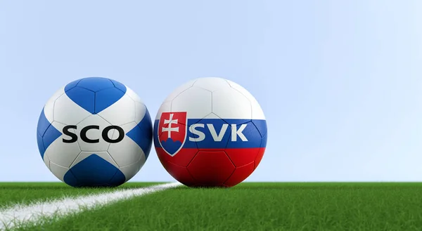 Scotland vs. Slovakia Soccer Match - Soccer balls in Scotland and Slovakia national colors on a soccer field. Copy space on the right side - 3D Rendering