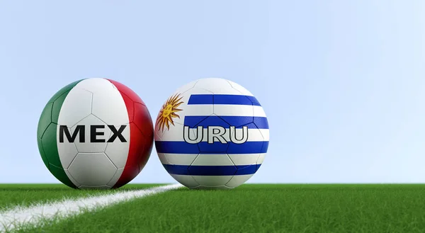 Mexico vs. Uruguay Soccer Match - Soccer balls in Mexico and Uruguay national colors on a soccer field. Copy space on the right side - 3D Rendering
