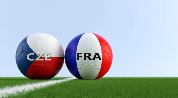Czech Republic vs. France Soccer Match - Soccer balls in Czech Republic and France national colors on a soccer field. Copy space on the right side - 3D Rendering