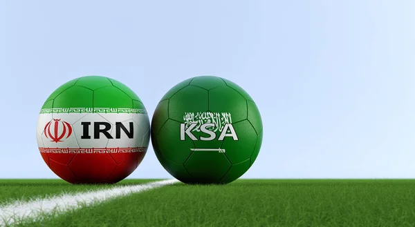 Saudi Arabia vs. Iran Soccer Match - Soccer balls in Saudi Arabia and Iran national colors on a soccer field. Copy space on the right side - 3D Rendering