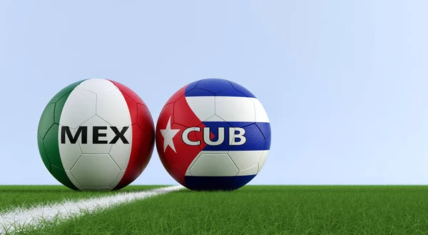 Mexico vs. Cuba Soccer Match - Soccer balls in Mexico and Cuba national colors on a soccer field. Copy space on the right side - 3D Rendering