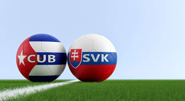 Slovakia vs. Cuba Soccer Match - Soccer balls in Slovakia and Cuba national colors on a soccer field. Copy space on the right side - 3D Rendering