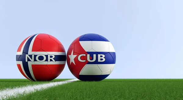 Norway vs. Cuba Soccer Match - Soccer balls in Norway and Cuba national colors on a soccer field. Copy space on the right side - 3D Rendering