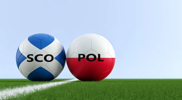 Scotland vs. Poland Soccer Match - Soccer balls in Scotland and Poland national colors on a soccer field. Copy space on the right side - 3D Rendering