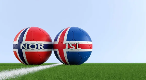 Iceland vs. Norway Soccer Match - Soccer balls in Iceland and Norway national colors on a soccer field. Copy space on the right side - 3D Rendering