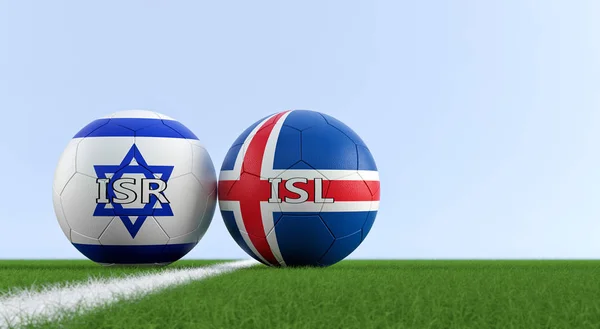 Iceland vs. Israel Soccer Match - Soccer balls in Iceland and Israel national colors on a soccer field. Copy space on the right side - 3D Rendering
