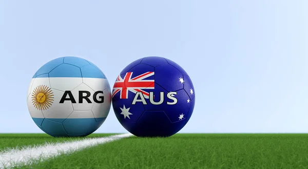 Argentina vs. Australia Soccer Match - Soccer balls in Argentina and Australia national colors on a soccer field. Copy space on the right side - 3D Rendering