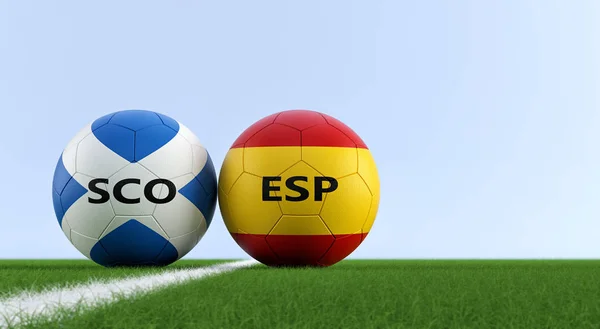Spain vs. Scotland Soccer Match - Soccer balls in Spain and Scotland national colors on a soccer field. Copy space on the right side - 3D Rendering