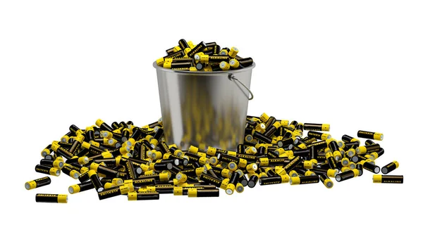 Batteries Bucket Lot Alkaline Batteries Tin Bucket Isolated White Rendering — Stock Photo, Image