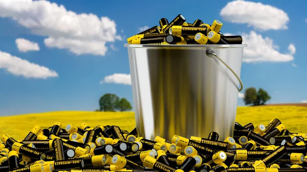 Lithium-ion Batteries in a Bucket - 3D Rendering