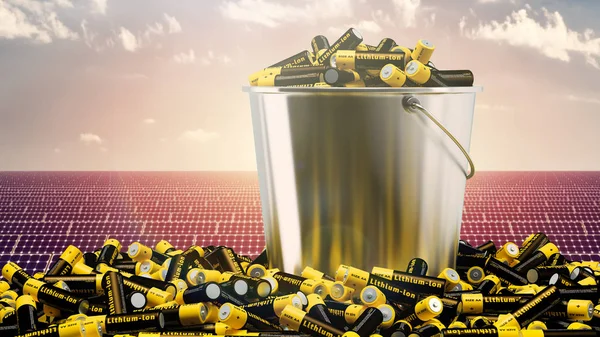 Bucket of Lithium-ion AA Batteries in front of a Solar Energy Plant background - 3D Rendering