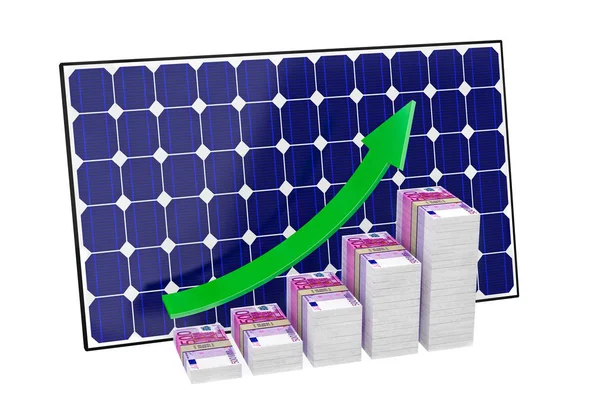Panel Solar Gráficos Barras Hechos Billetes Euros Renderizado — Foto de Stock