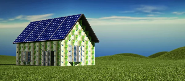 Casa Hecha Billetes Euros Con Techo Paneles Solares —  Fotos de Stock